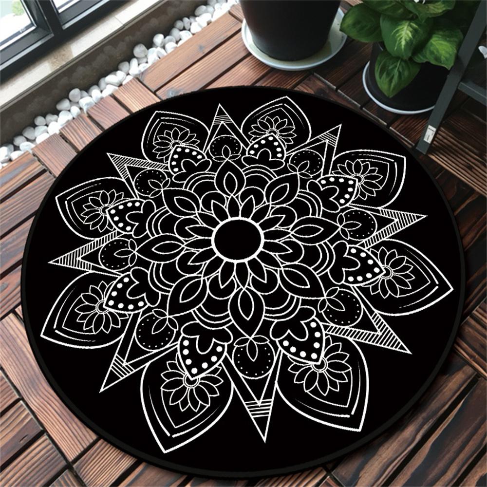Mandala Carpet Dirt Resistant Black Round Carpet for Living Room Boho Flower Printed Floor Rug Anti-slip Blanket Home Decor Mats