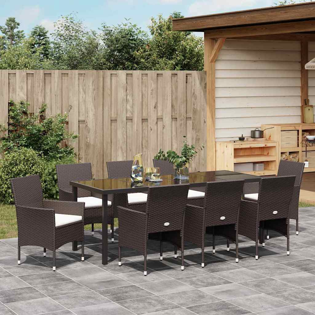 Garden Dining Set with Cushions 9 pcs Brown Poly Rattan