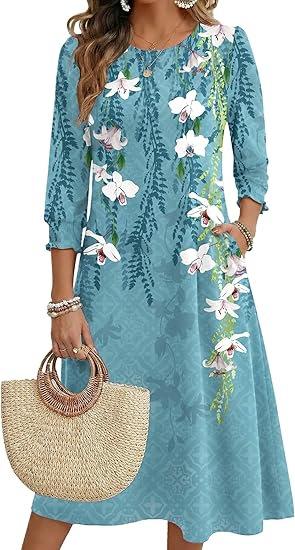 Women's Summer, Pocket Seven-Sleeve Floral Medium and Long Casual Dress