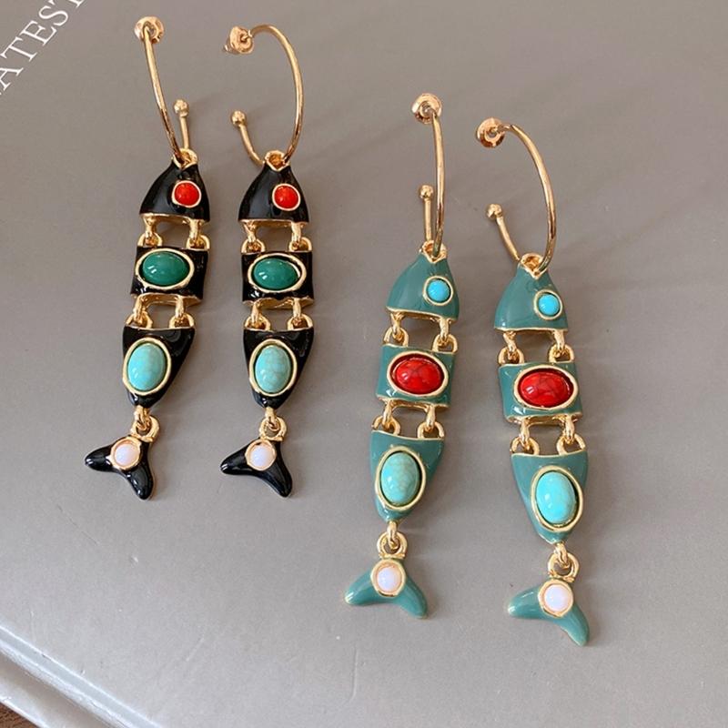 1 Pair Vintage Fish Tassels Enamel Long Hoop Earring for Women Gold Plated Alloy Lightweight Comfort for Casual and Party Wear