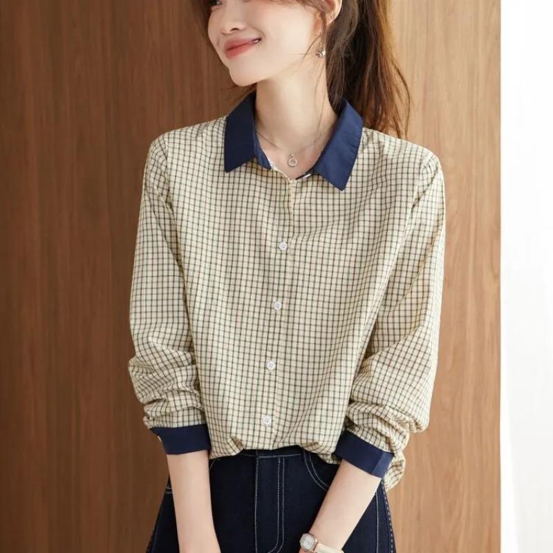Womens Plaid Contrast Collar Long Sleeve Button Down Shirt M абрикосовый