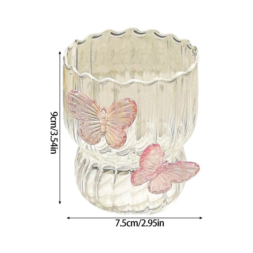 Multifunkční skleněný pohár o objemu 280 ml, vzor motýlů, skleněná textura, vhodný pro různé nápoje včetně džusu