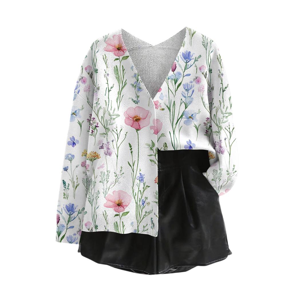 Women's V Neck Top Printing Thickened Plush Cashmere Warm Long Top