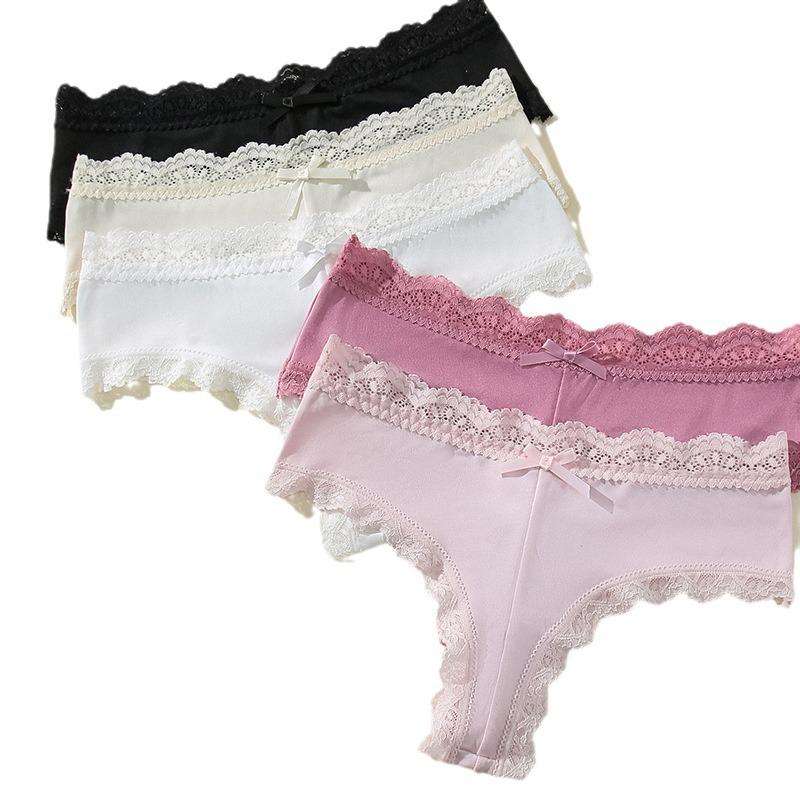Women's High-Elastic Lace Panties - Sexy Mid-Waist, Soft Cotton Crotch, Plus Size, Breathable Briefs.