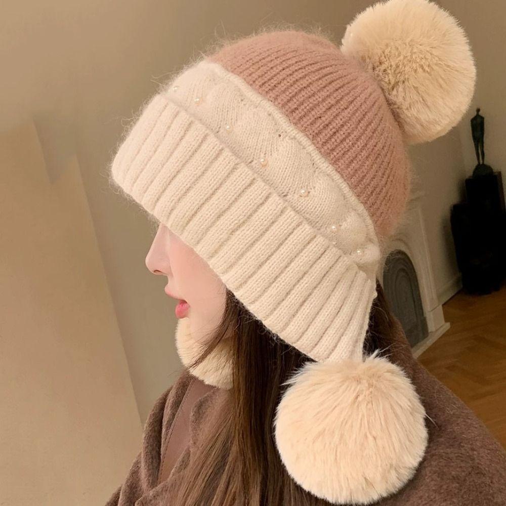 Knitted Plush Beanie Hat Solid Color Ear Protection Hat Simple Woolen Knitted Cap Ladies