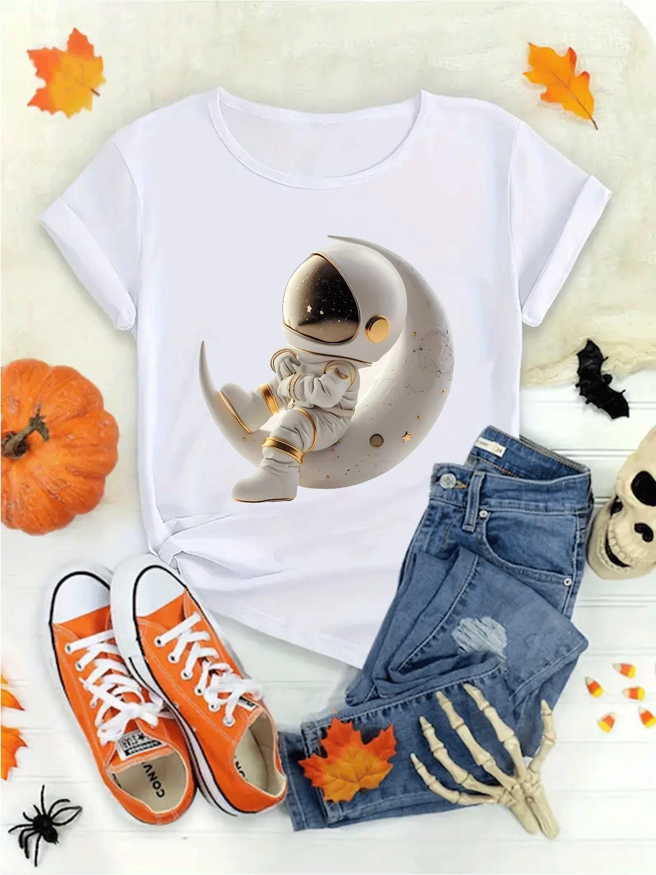 Crescent Stars Astronaut Round Casual Summer Women s Astronaut Graphic T-Shirt Space Themed Print Casual Women Clothing S