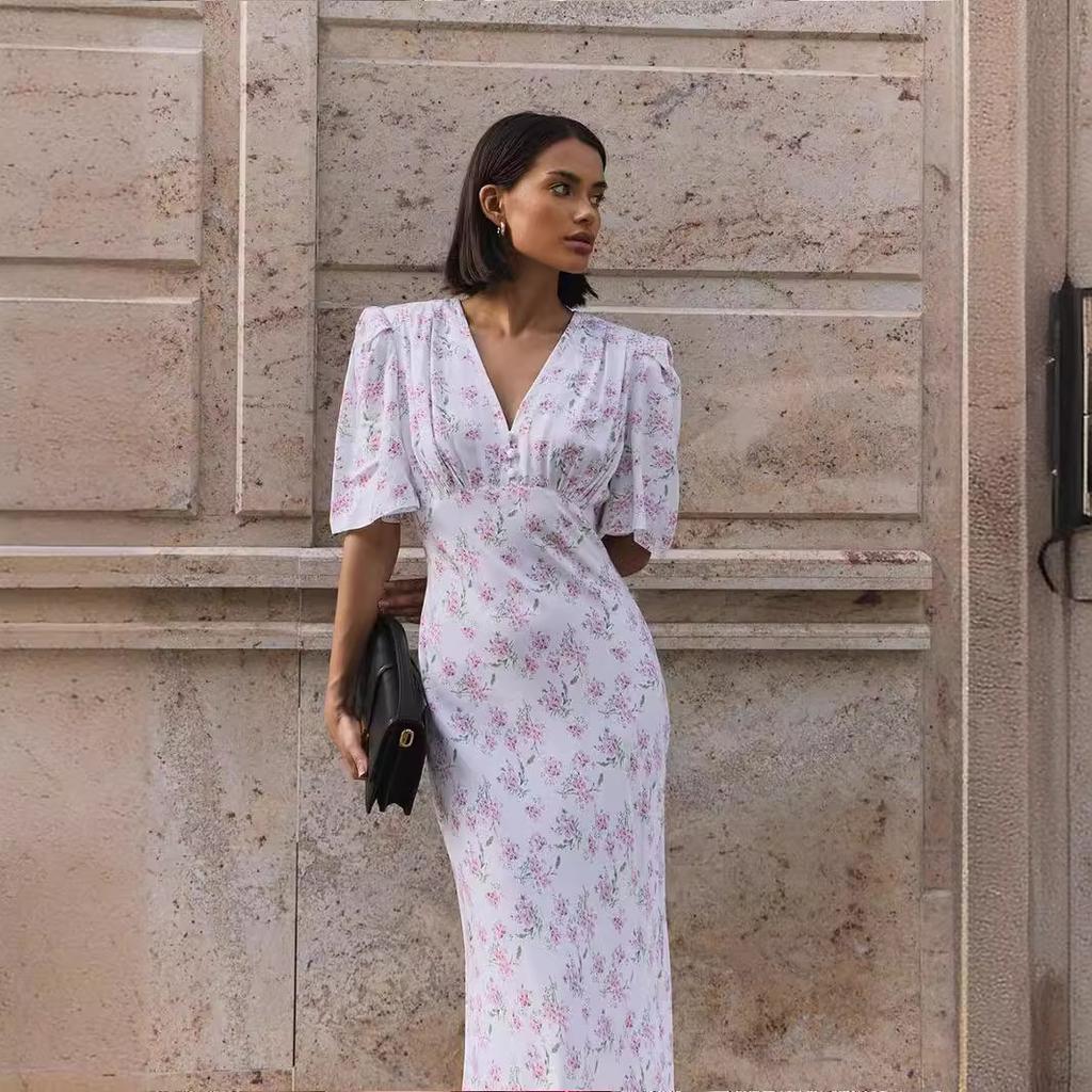 Short-sleeved Floral Dress European and American Summer New V-neck Front Shoulder High Waist Long Floral Dress