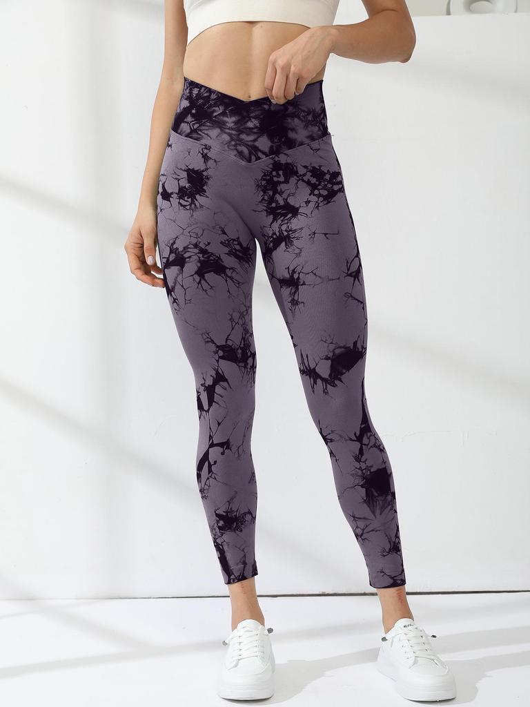 Quick-Dry Tie-Dye Crisscross Waist Yoga Pants - High-Elastic, Peach Butt, Nine-Point Length