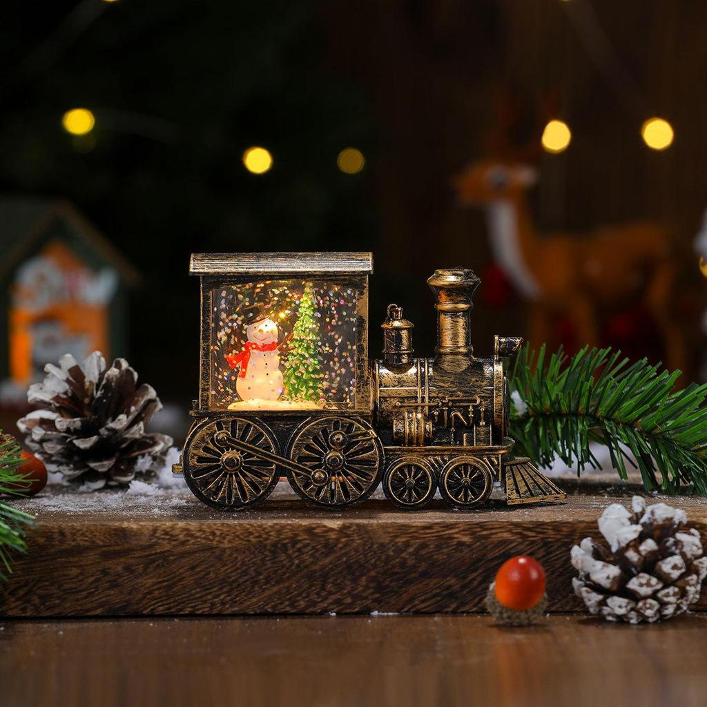 Creative Gold-Brushed Christmas Locomotive Ornament with Luminous Water-Filled PVC Night Light