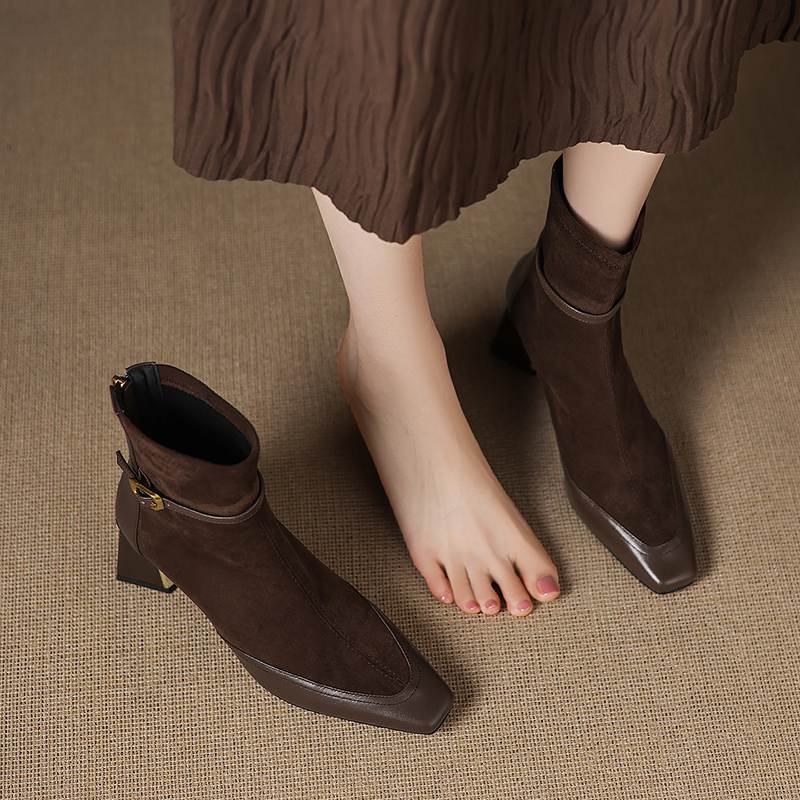 Krazing Pot Flock Cow Skin Square Toe Thick Heels Chelsea Boots Size 42 Beauty Lady Women Modern Fashion Girl Ankle Boots
