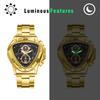 Triangular analog watch for men with luminous calendar and stainless steel three-eye hands, function, strap, gold.
