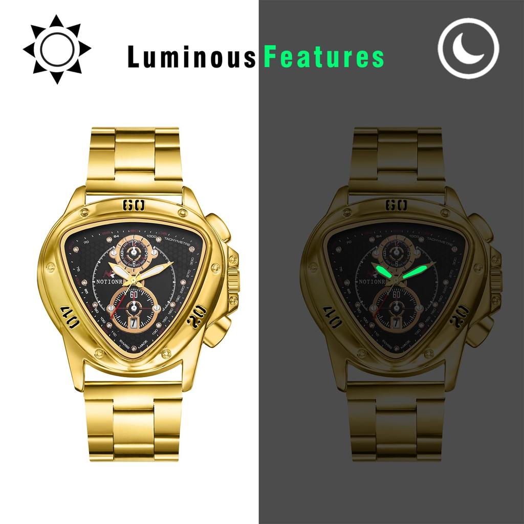 Triangular analog watch for men with luminous calendar and stainless steel three-eye hands, function, strap, gold.