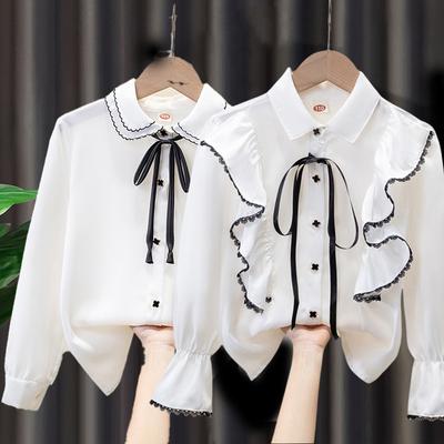 Camicia a Maniche Lunghe da Ragazza Primavera Autunno Chiffon Bianca T-Shirt Cardigan con Bottoni Risvolto Maglietta per Uniforme Scolastica Top
