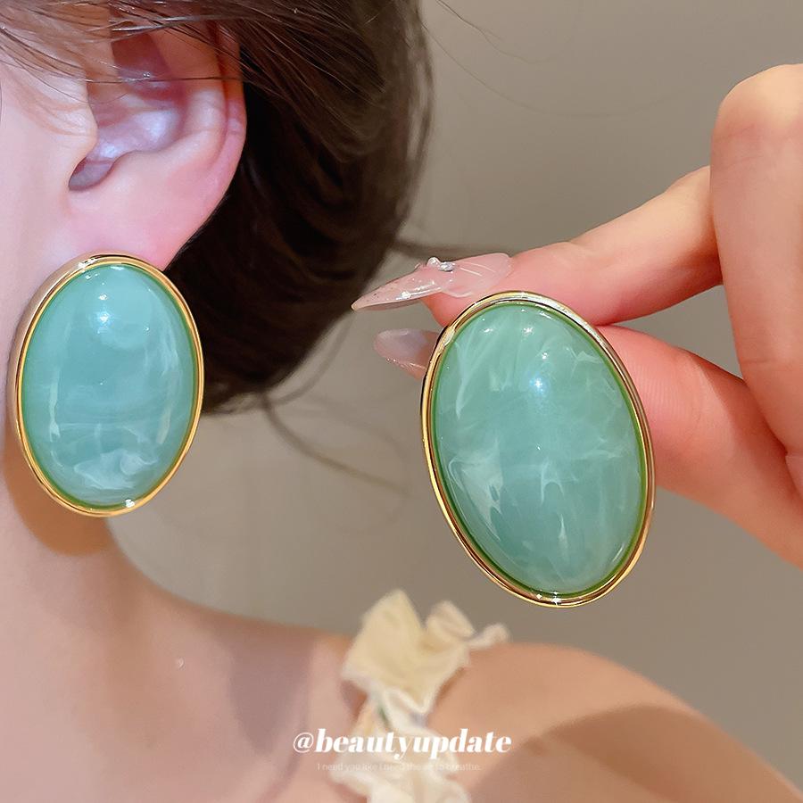 Retro Silver Needle Marbled Acrylic Oval Geometric Stud Earrings - Vintage Niche High-End Fashion Accessories for Women