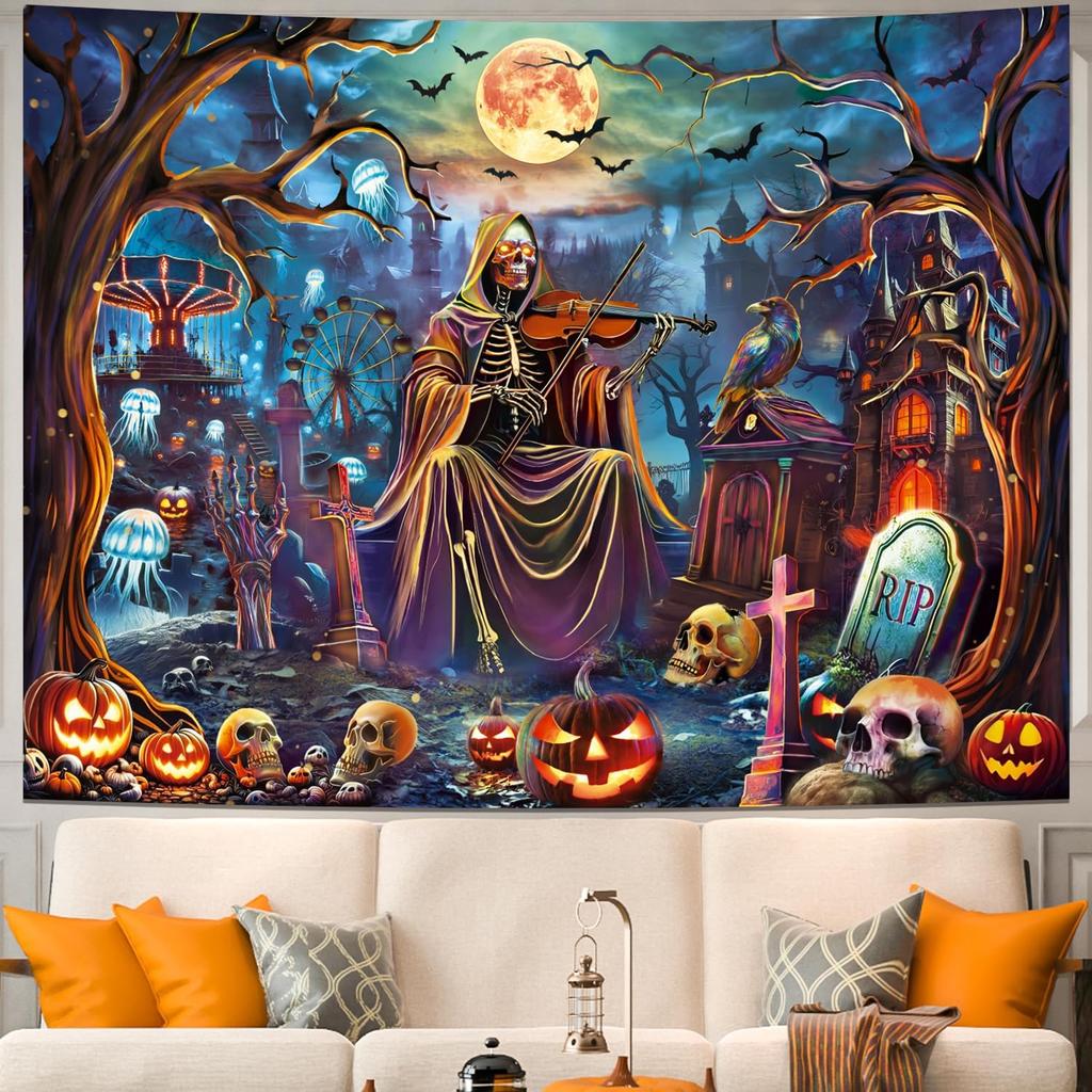 Yuiqear Blacklight Skull Tapestry UV Reactive Halloween Tapestries Psychedelic Moon Castle Tapestries Horror Pumpkin Tree Tapest