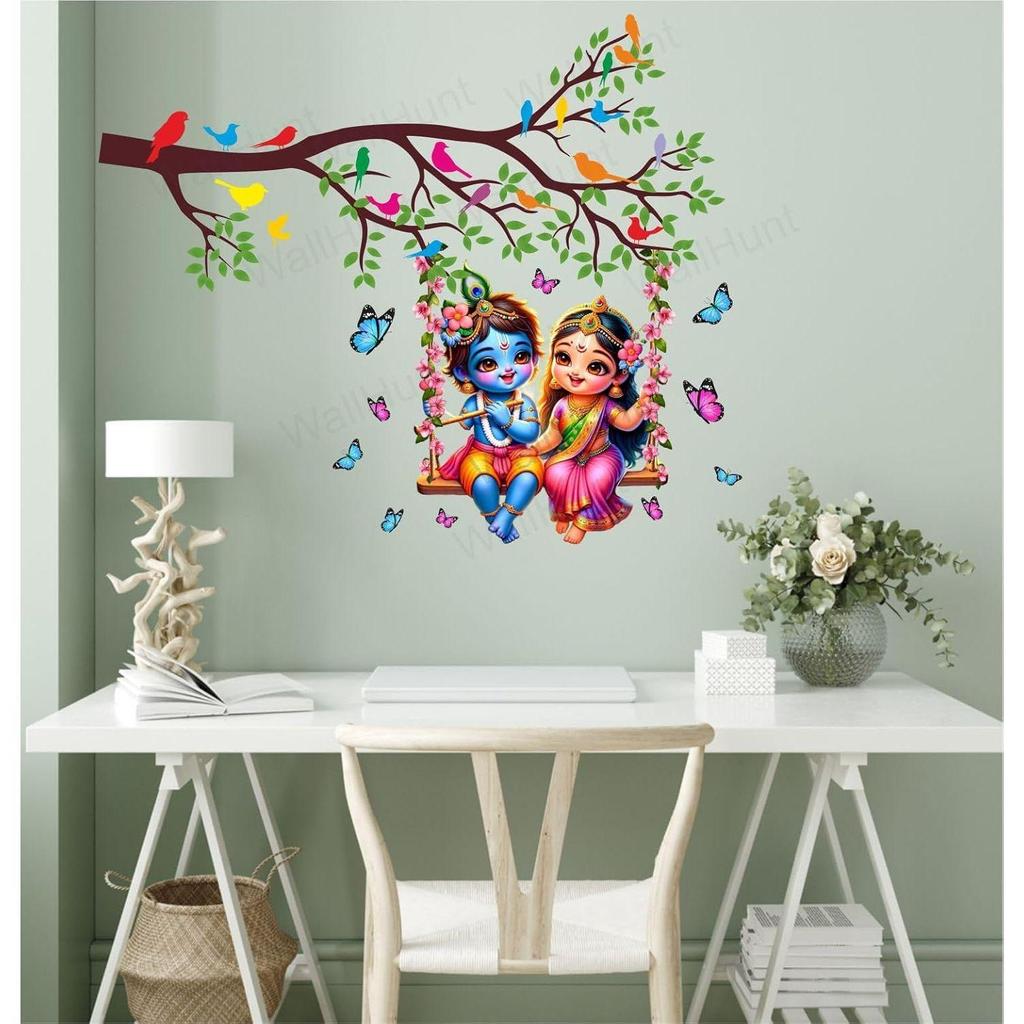 WallHunt PVC Vinyl Tree and Flowers Branch Leaves Radha Krishna Self-Adhesive Wall Sticker for Home Decor/Decoration