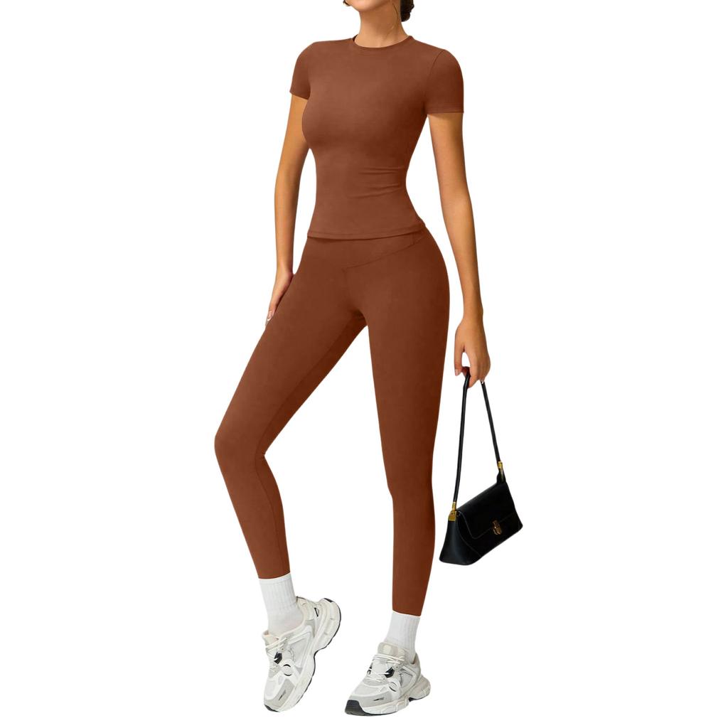 Women's Casual  Color Yoga Suit Short-Sleeve Pants Set
