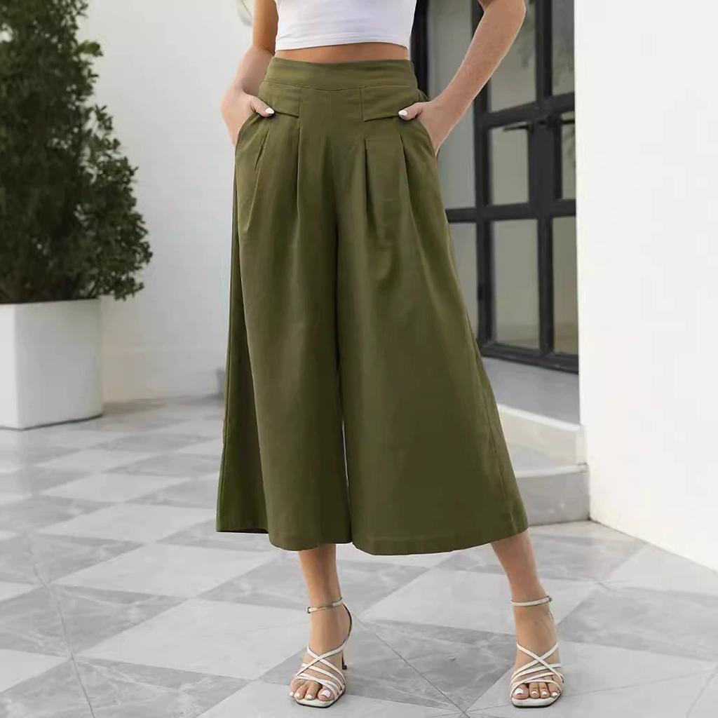 Female Summer Pants for Women Cotton Linen Plus Size Wide Leg Pants Solid Elegant Loose OL Young Fashion Daily Elastic Pant