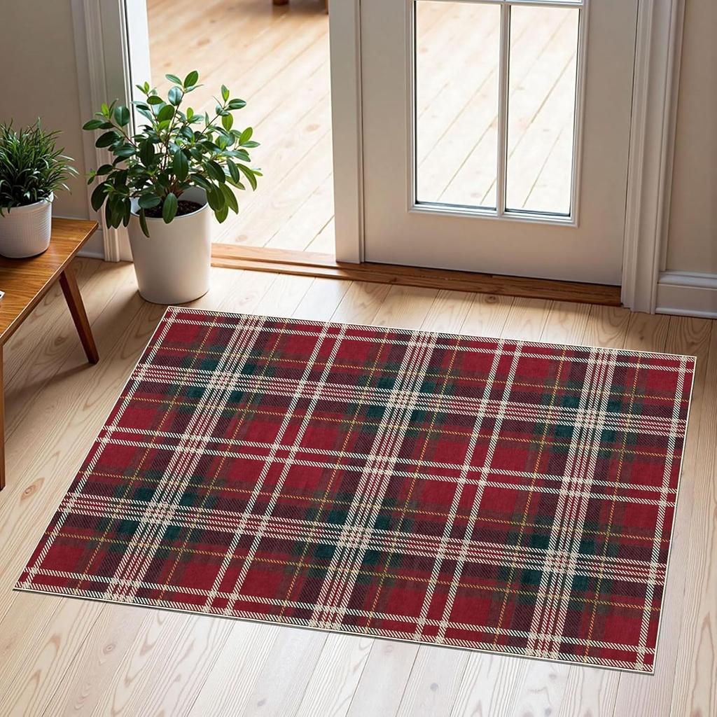 Rood Groen Tartan Plaid Tapijt Warm Retro Vloermat voor Woonkamer Slaapkamer Boerderij Rustieke Decoratie Gemakkelijk Schoon te Maken Duurzaam Binnentapijt