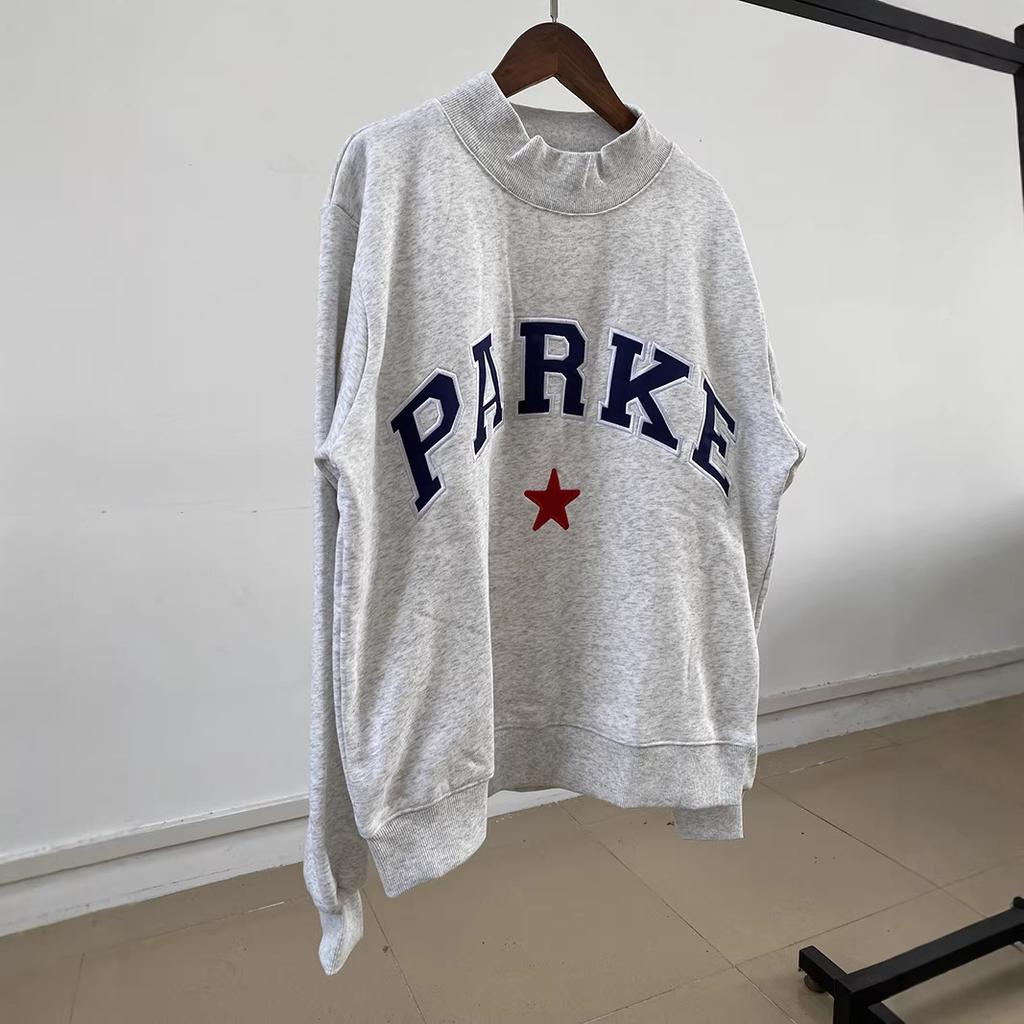 Women's Mock Neck Long Sleeve Oversized Casual Top Letter Star Patch Embroidery Cotton Vintage Streetwear Sweatshirt Blouse