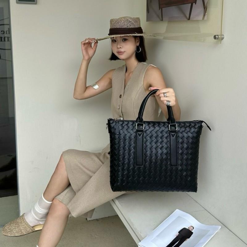 Handwoven Genuine Leather Tote Bag Women Men Business Commute Work Laptop Carryall With Adjustable Strap
