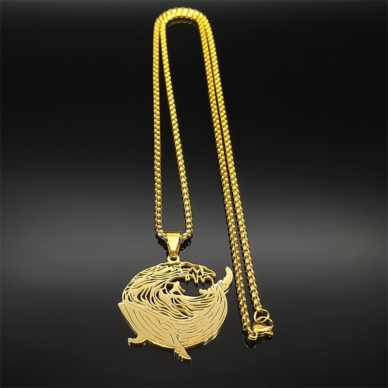 Whale Surf Riding Necklace For Women Men Stainless Steel Gold Color Sports Brave Faith Male Chain Jewelry Gifts Colares