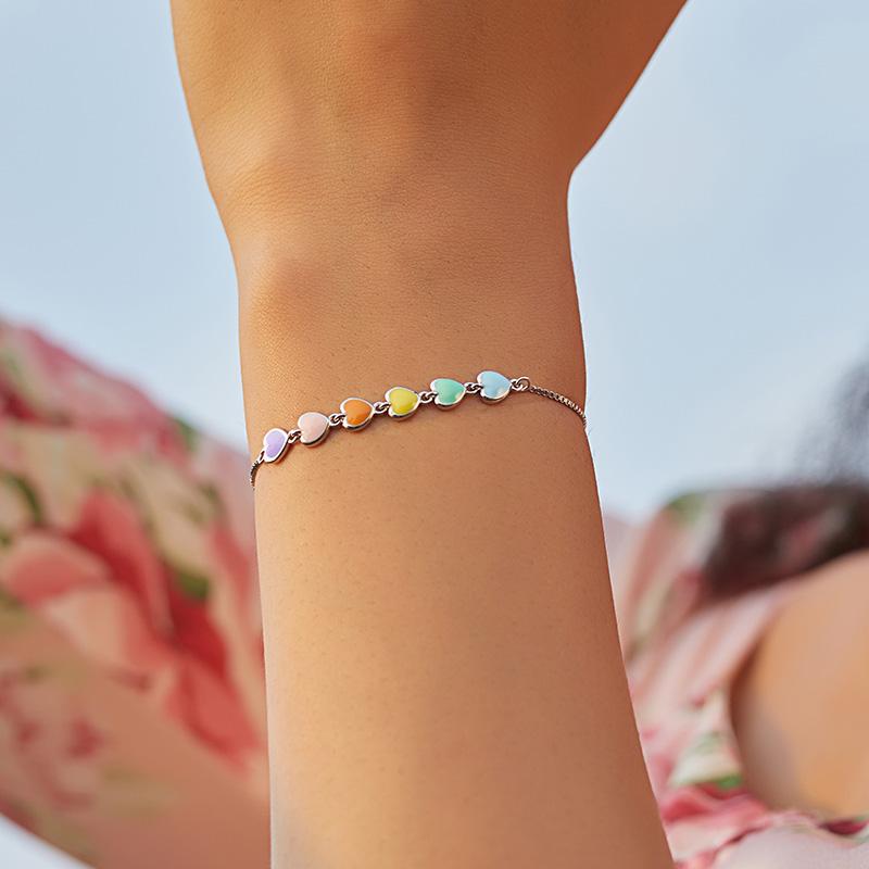 Bamoer Rainbow Color Enamel Heart Bracelet for Women Heart-shape 925 Silver Chain Bracelet Anti-allergy Jewelry SCB158