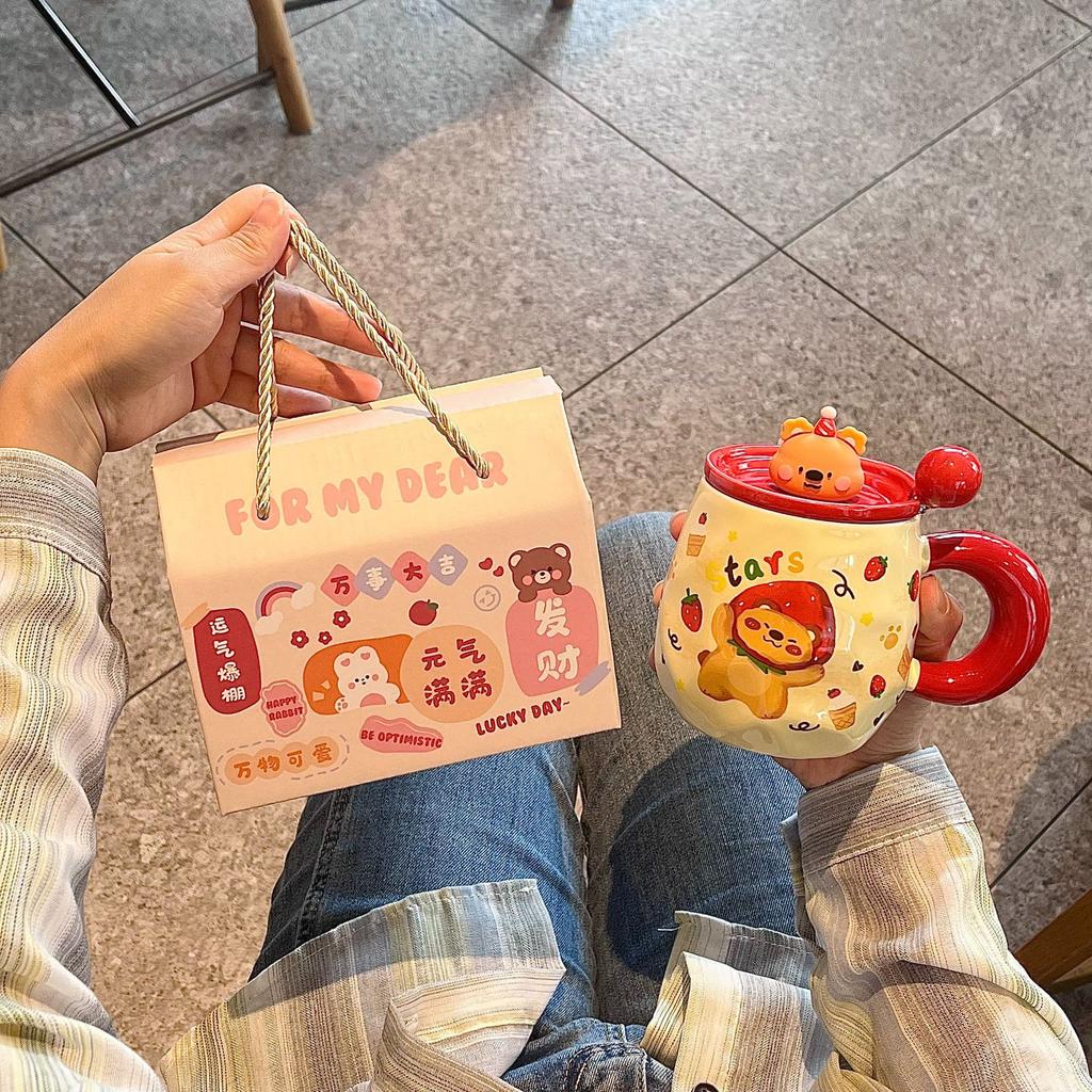 Cute Bear Mug With Lid Spoon High Value Ceramic Water Cup Girls Household Cup Coffee Breakfast Cup Children