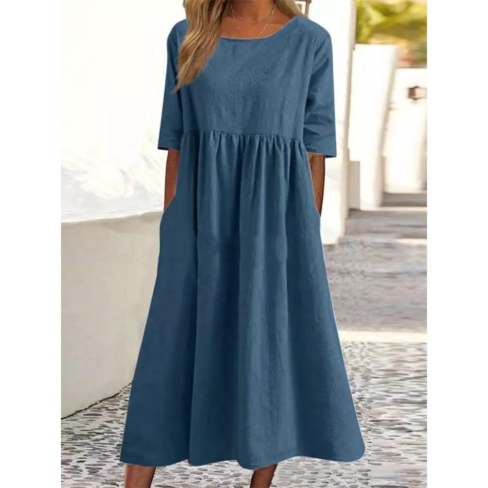 Frühlings- und Sommerkleid mit Rundhalsausschnitt, lässig, locker, einfarbig