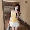 Design lace splicing flower shoulder top women's clothing summer slim fit and thin waist yellow short-sleeved T-shirt