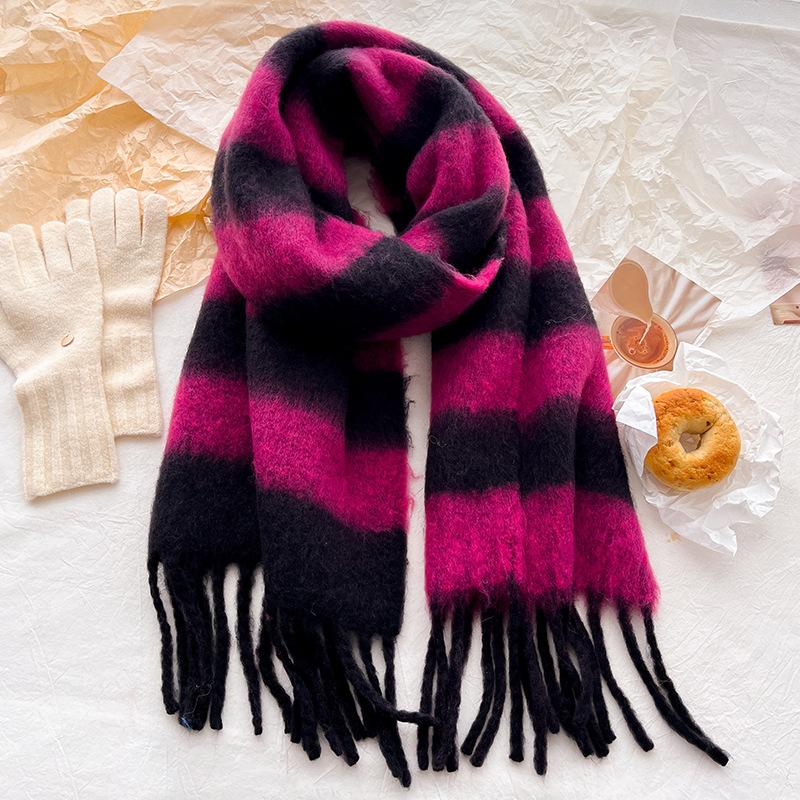 Retro wool scarf women's winter high-end sense versatile striped color matching warm knitted thickened scarf