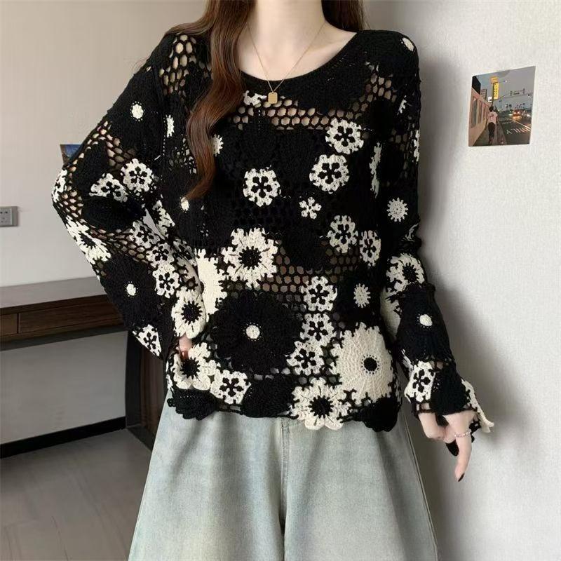 Bohemian Crochet Hollow Knit Sweater for Women Loose Color-Block Long-Sleeve Knit Pullover Top