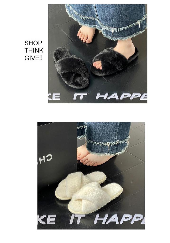 Plus Size Women's Open Toe Fur Slippers - Winter Plush Flat Bottom Indoor Warmth