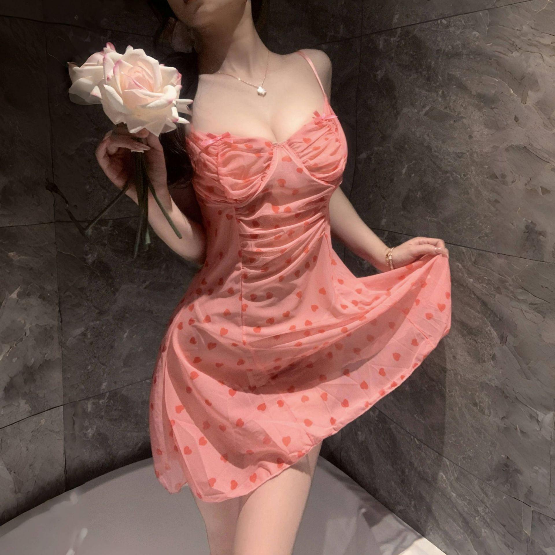 

Sexy lingerie pink love print sexy perspective silky suspender sweet bow dress nightdress one size fits all