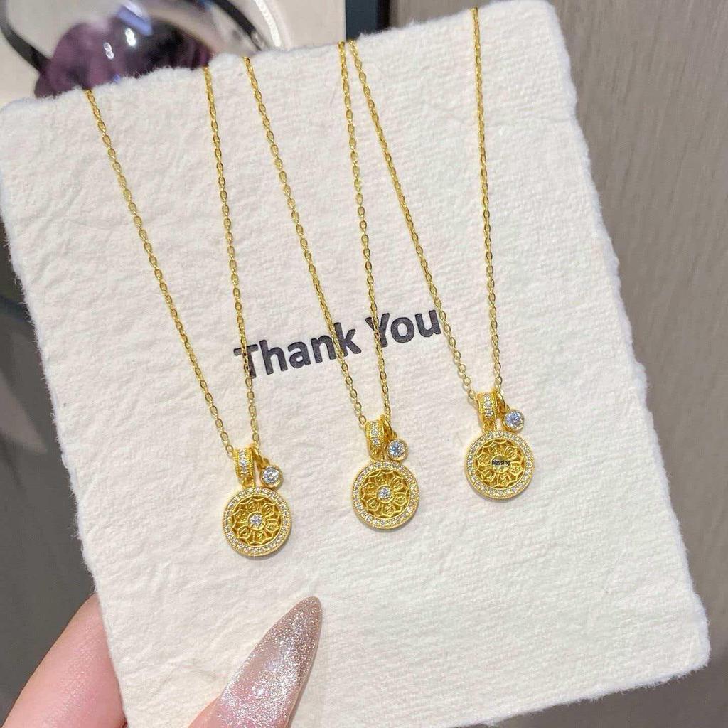 Vietnam Sand Gold Six-Character Mantra Necklace with Imitation Gold Round Eight Treasures Pendant