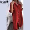 QICED Women's Fashion Summer Spring Solid Color Print POLO Neck High Waist Casual Dresses