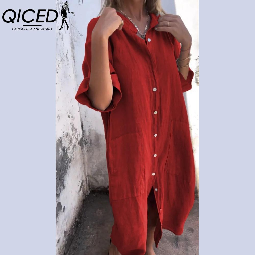 QICED Women's Fashion Summer Spring Solid Color Print POLO Neck High Waist Casual Dresses