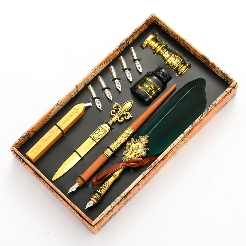 

Европейский стиль Dip Pens Set With Ink New Retro Dipping Quill Pens Wholesale Lacquer Seal Student Feather Pencil Gifts