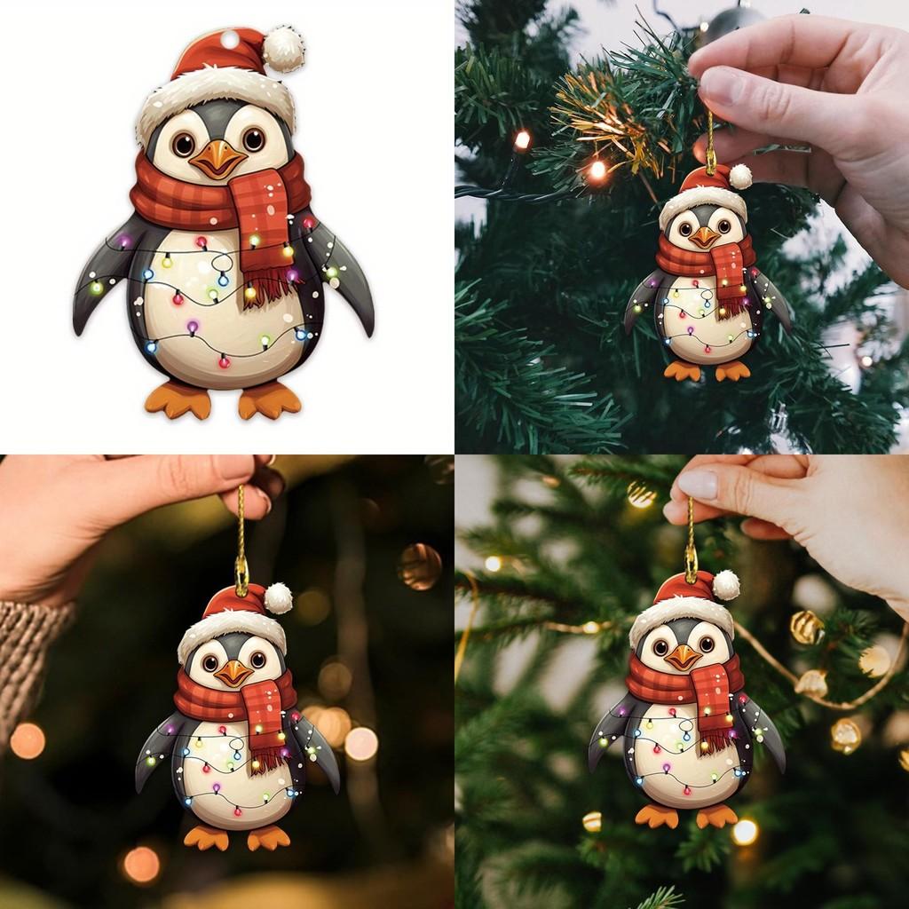 Holiday Acrylic Penguin Car Mirror Pendant Christmas Tree Design Decor Vehicle