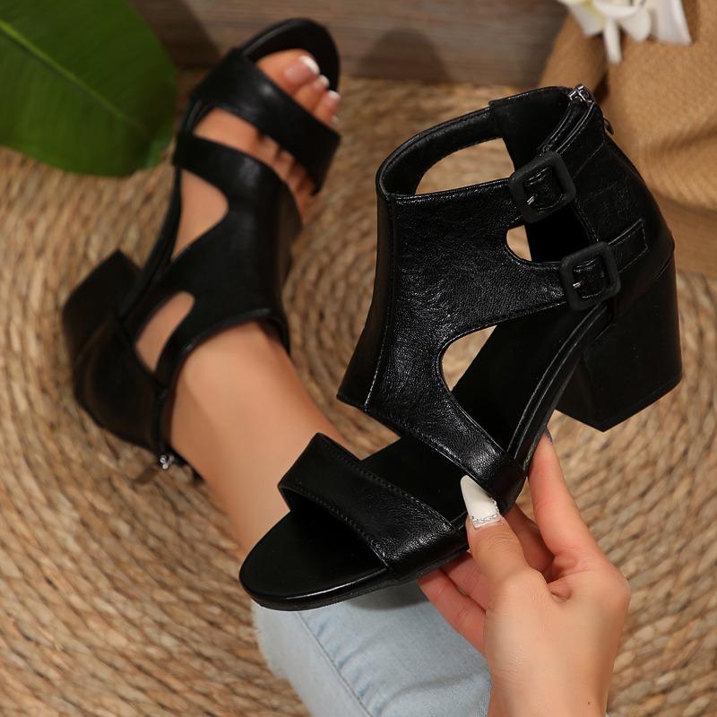 Fashion Elegant Chunky Platform Sandals Woman Summer 2025 Black Leather Block High Heel Format Sandals Office Women's Shoes Sandalias