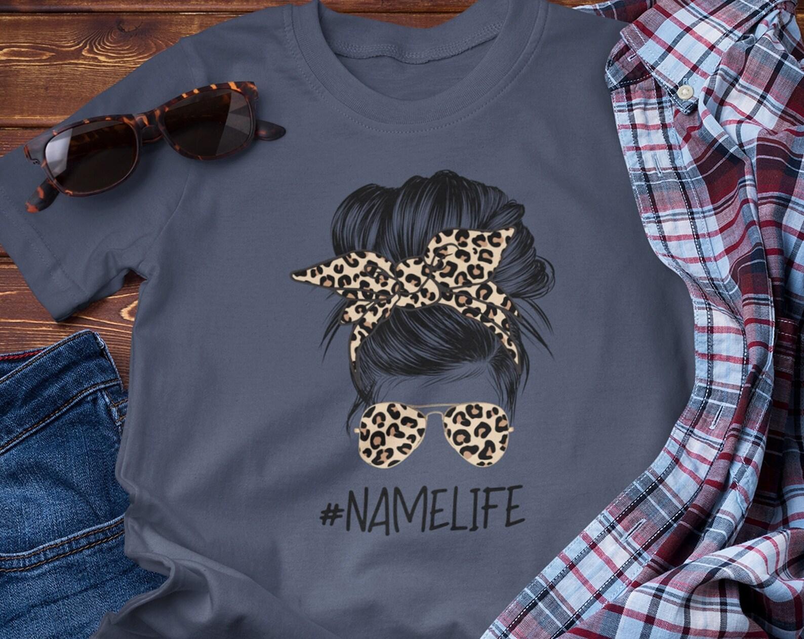 Custom Leopard Mom Tshirt for Women, Customizable Mama Messy Bun Shirt for Mom, Personalized Gift for Mama Name tee, Custom Cheetah Mama tee XL