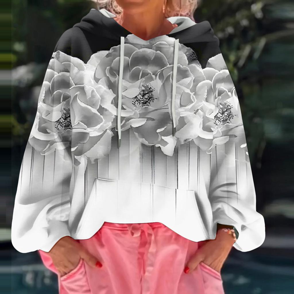 Women's Floral Print Loose Casual Long Sleeved Hooded Sweatshirt