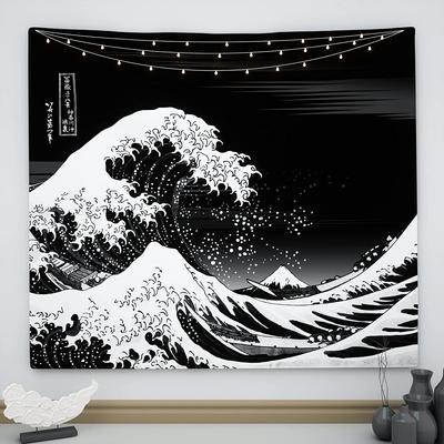 NEW Wave Tapestry Black and White, Kanagawa Great Wave Tapestry, Kawaii Japanese Tapestry Psychedelic