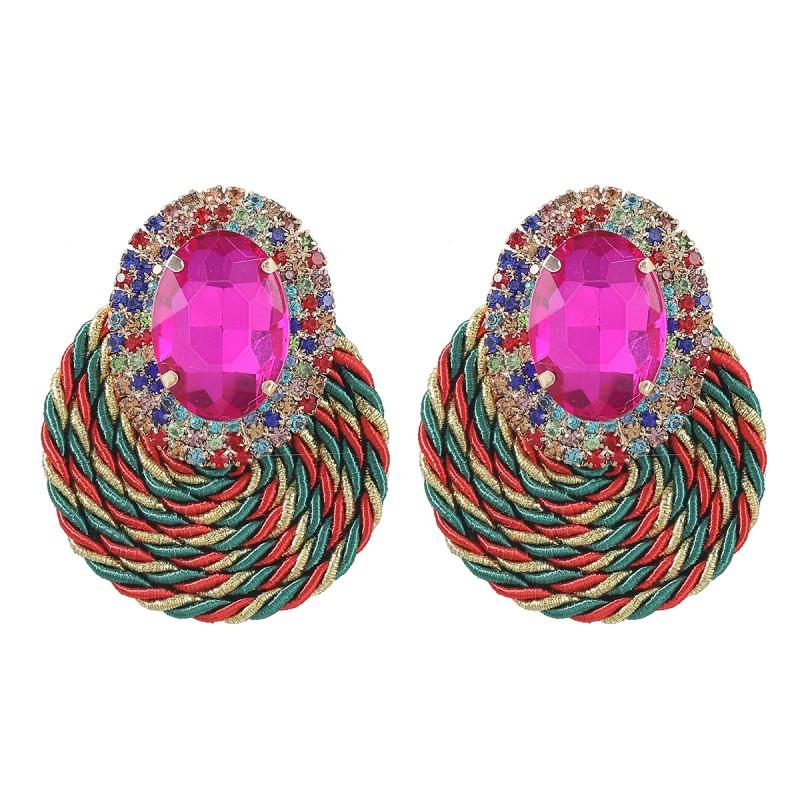 Alloy Rhinestone Oval Glass Stud Earrings Women Stretch Cord Circular Fashion Ear Jewelry In White Green Black Rose Gold