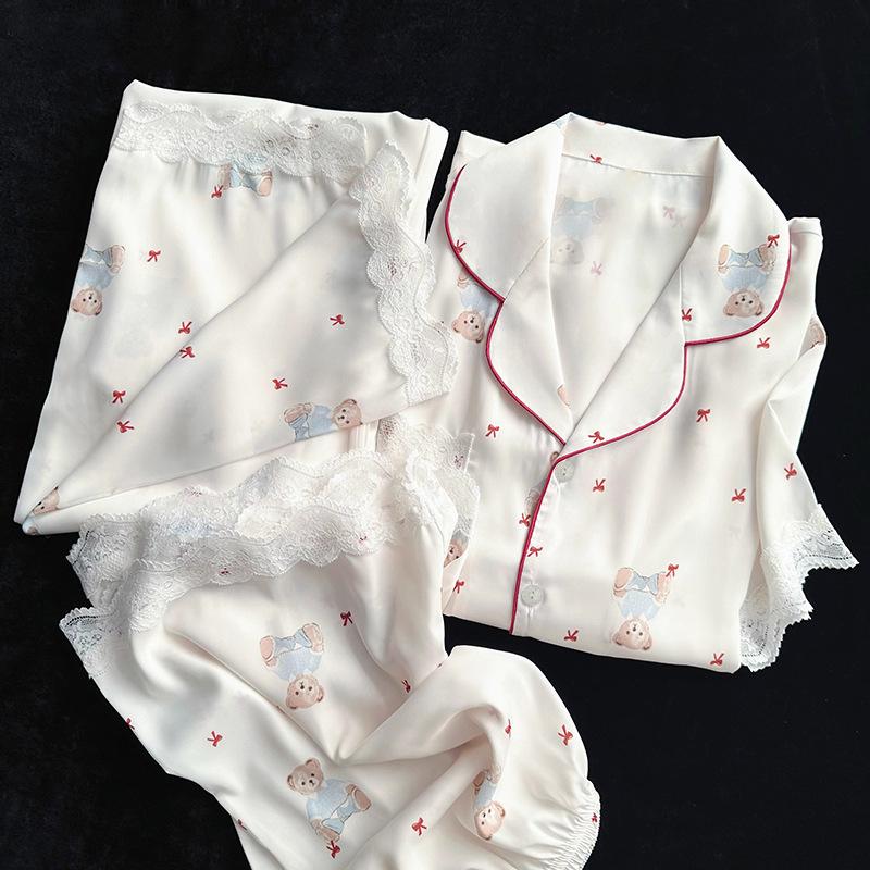Sweet Princess Wind Bear Print Can Be Worn Outside Short-Sleeved Pajamas Loungewear Three-Piece Set