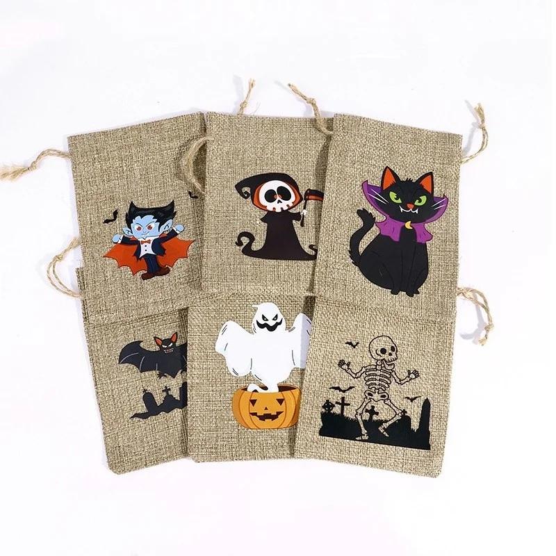 12 Styles Halloween Linen Storage Bag Halloween Horror Funny Pattern Candy Gift Packaging Bag Gift Storage