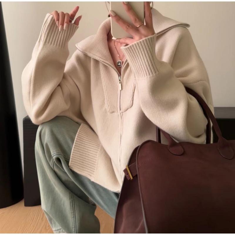 Double Zipper Lapel Thick Fashion Lazy Sweater Autumn and Winter New Loose Plus Size Knitwear Women