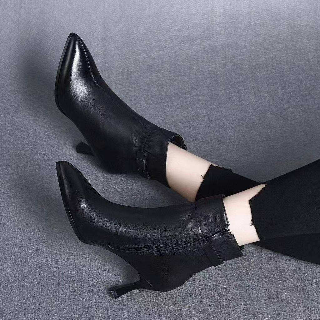 Dámské kotníkové boty na vysokém podpatku z pravé kůže, podzimní zimní plyšové, měkká podrážka protiskluzová jehla, špičatá špička módní.