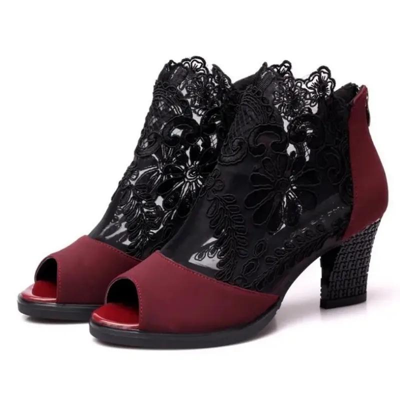 Fashion Sexy Women's High Heels Shoes Fashion Black Women Boots Lace Peep Toe Sandals Mesh Breathable Platform Shoes Female Plus Size 43