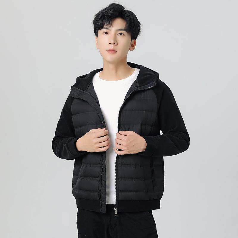 

Пуховик мужской и женский осенне-зимний белый утиный пух легкий и тонкий трикотажный спортивный контрастный цветной парный пиджак с капюшоном 4XL чёрный